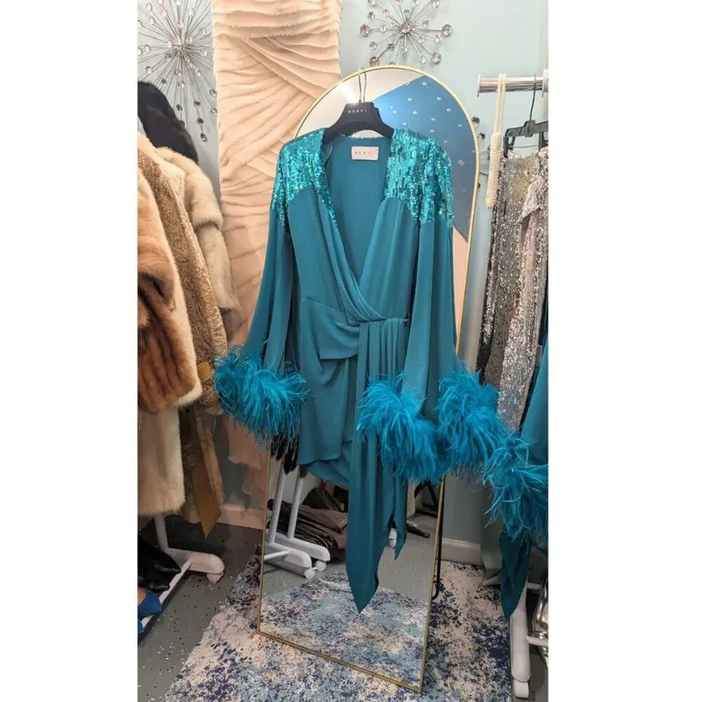 NWT Nervi Pami Teal Mini Dress with Sequin & Ostrich Feather Cuffs - Picture 11 of 12